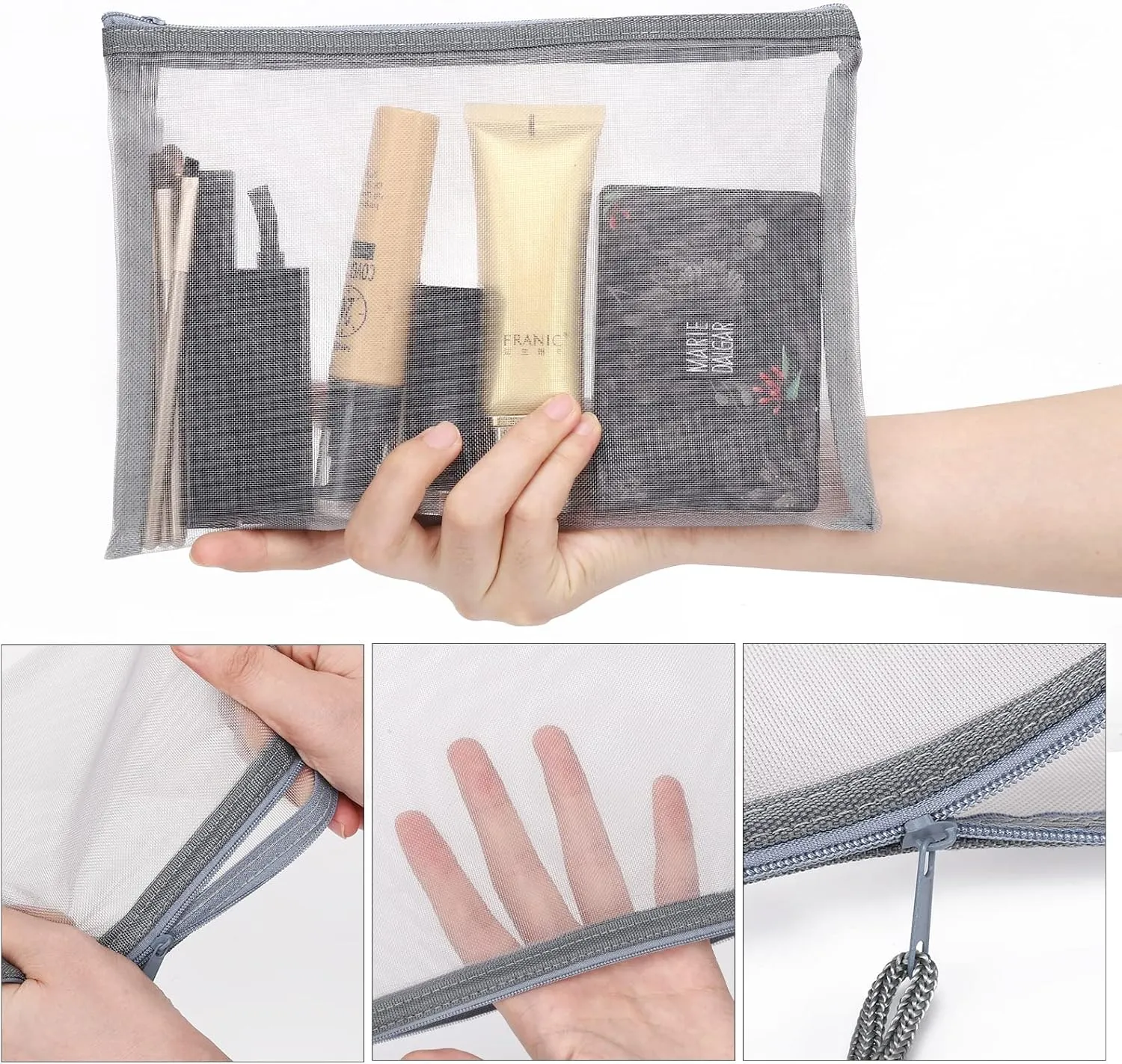 12 Pieces Zipper Nylon Mesh Pouch, Mesh Cosmetic Bags Makeup Bags Pencil Case, Multipurpose Travel Bags for Cosmetic School Office Supplies and Travel Accessories (Grey, A5) (WB06)