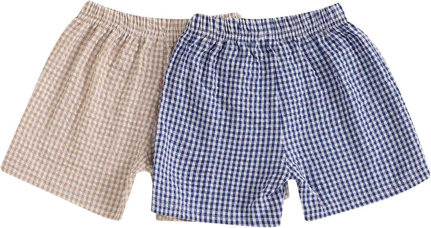 2 Pack Toddler Shorts Boys Girls Elastic Waist Solid Color Gingham Stripe Shorts Bottoms Summer