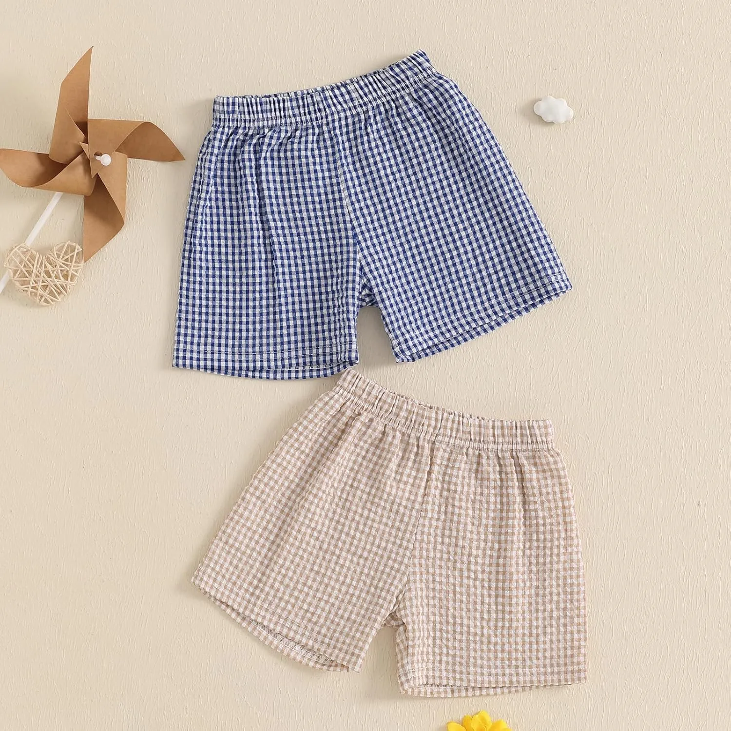 2 Pack Toddler Shorts Boys Girls Elastic Waist Solid Color Gingham Stripe Shorts Bottoms Summer