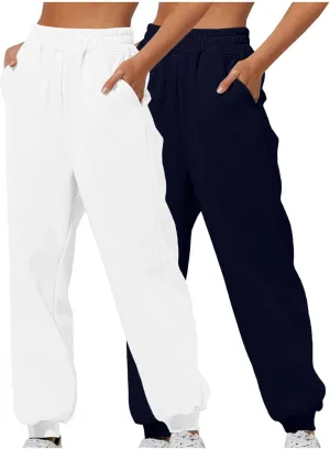 2 Pack Womens Casual Baggy Fleece Sweatpants High Waisted Jogging Running Pants Cinch Bottom Cotton Lounge Joggers