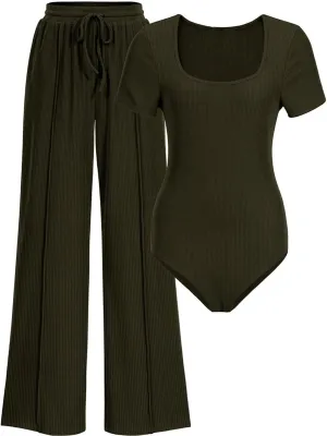 2 Pieces Outfits For Women Square Neck Short Sleeve Shapewear Bodysuit Drawstring Pants Knit Matching Sets