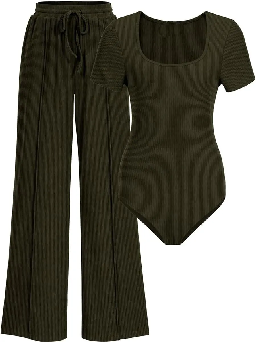 2 Pieces Outfits For Women Square Neck Short Sleeve Shapewear Bodysuit Drawstring Pants Knit Matching Sets