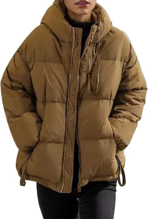 2024 Fashion Zipper Quilted Puffer Coat for Womens Hooded Long Sleeve Down Coat Comfy Warm Soft Down Jacket with Pocket