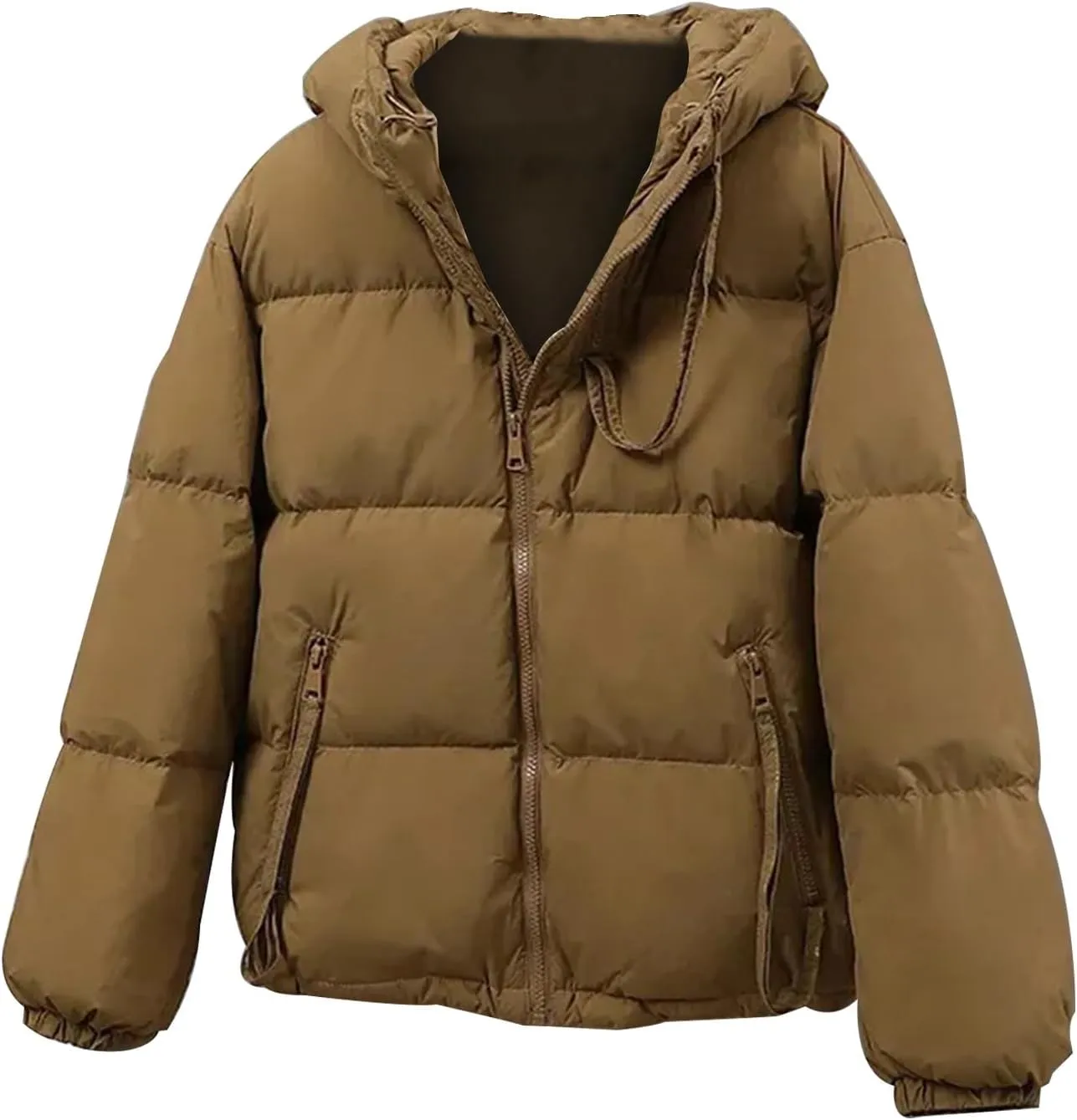 2024 Fashion Zipper Quilted Puffer Coat for Womens Hooded Long Sleeve Down Coat Comfy Warm Soft Down Jacket with Pocket