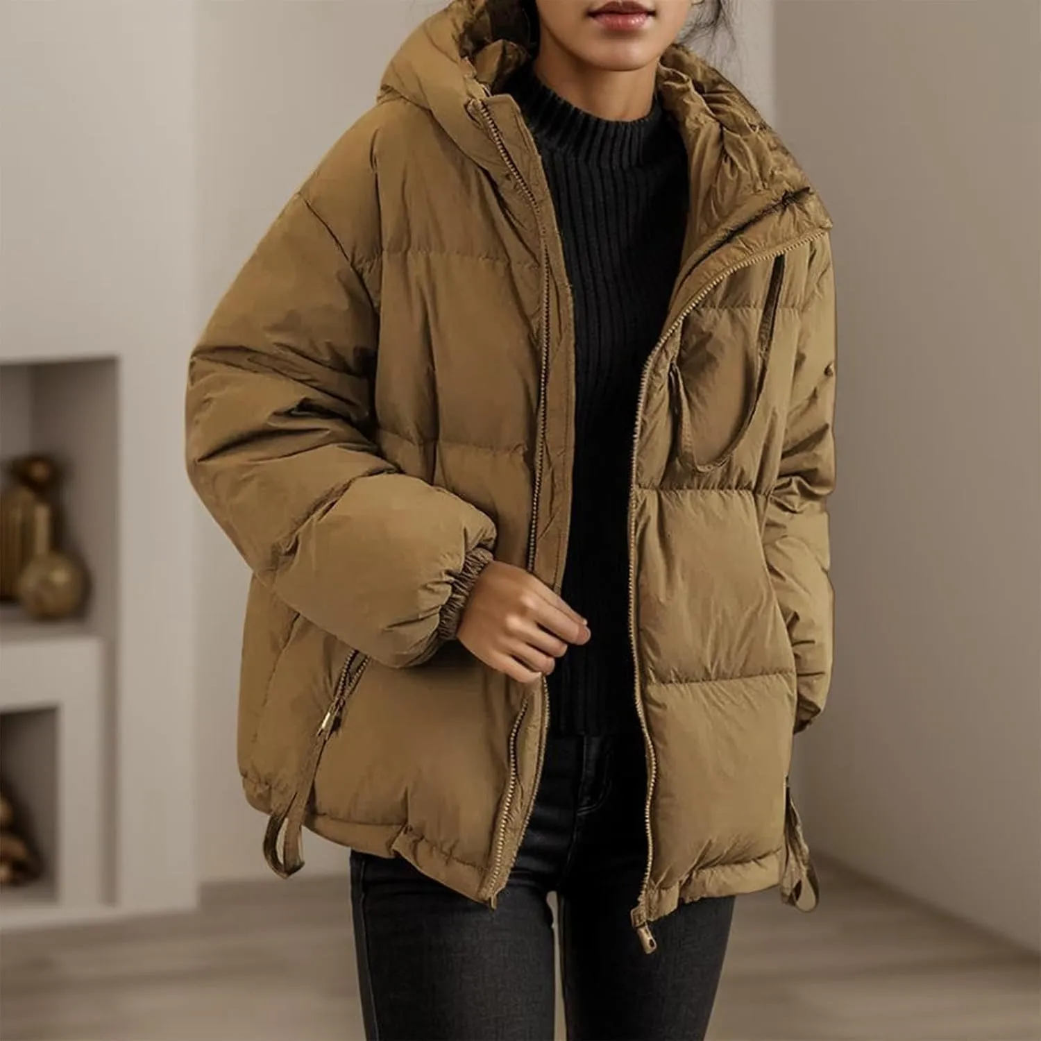 2024 Fashion Zipper Quilted Puffer Coat for Womens Hooded Long Sleeve Down Coat Comfy Warm Soft Down Jacket with Pocket