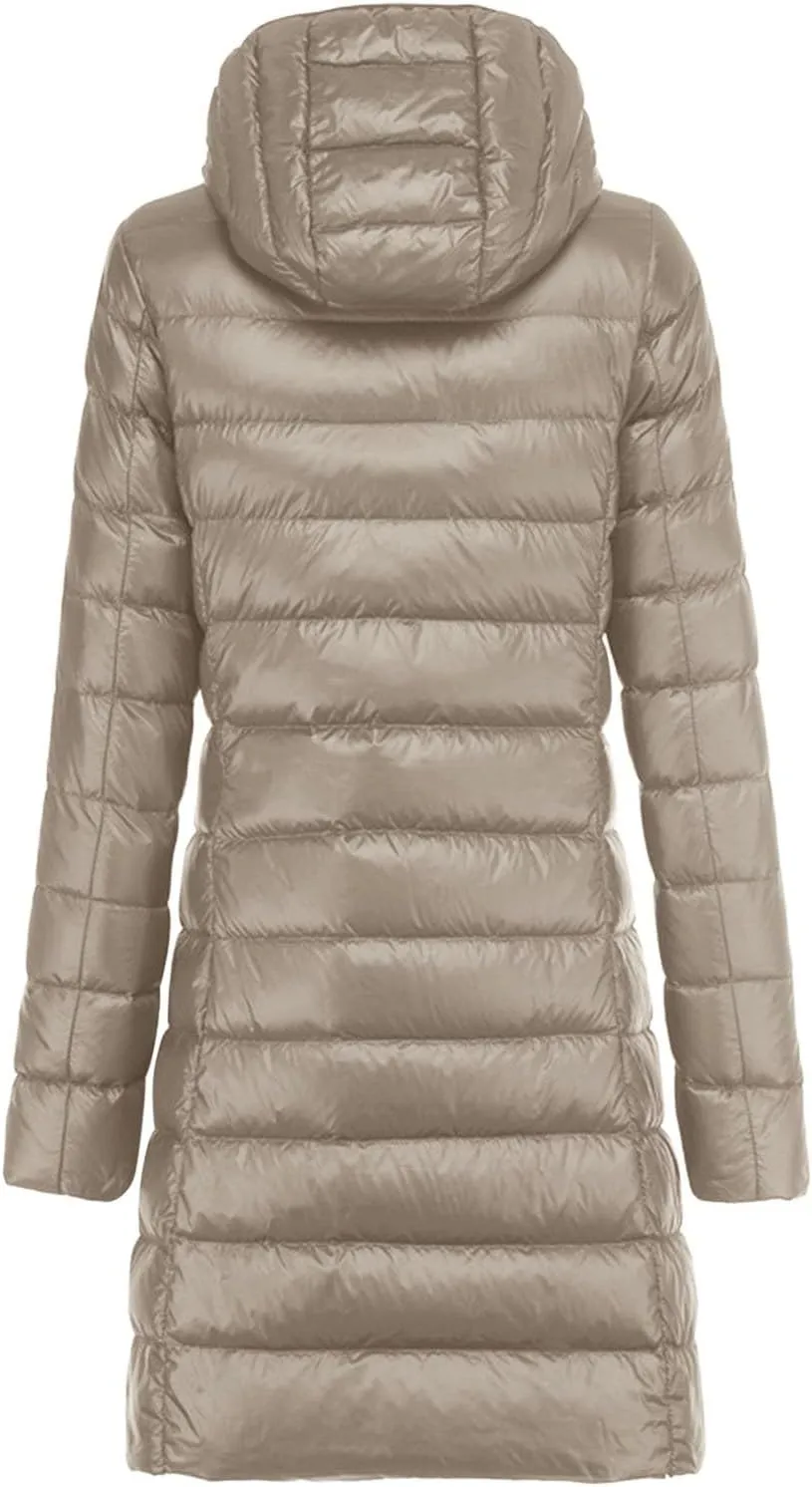 2024 Winter Solid Length Quilted Puffer Coat for Womens Long Sleeve Hooded Down Coat Casual Warm Slim Outdoor Overcoat