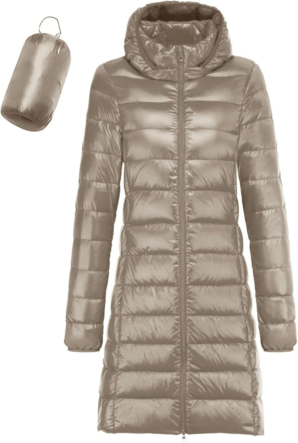 2024 Winter Solid Length Quilted Puffer Coat for Womens Long Sleeve Hooded Down Coat Casual Warm Slim Outdoor Overcoat