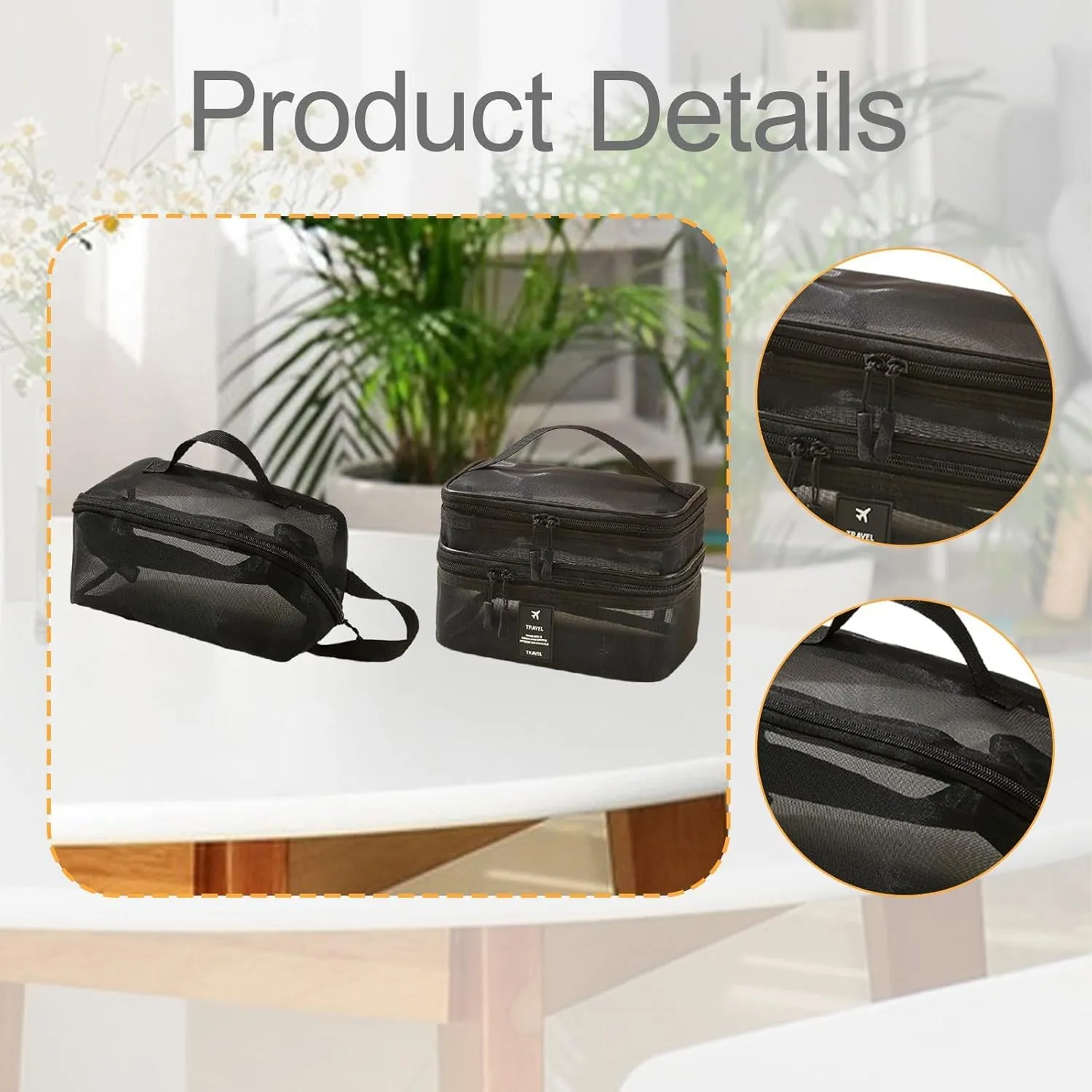 2Pcs Mesh Makeup Bag Brush Organizer Portable Double Layer Cosmetic Bag Make up Organizer for Outdoor Gym Activities, black