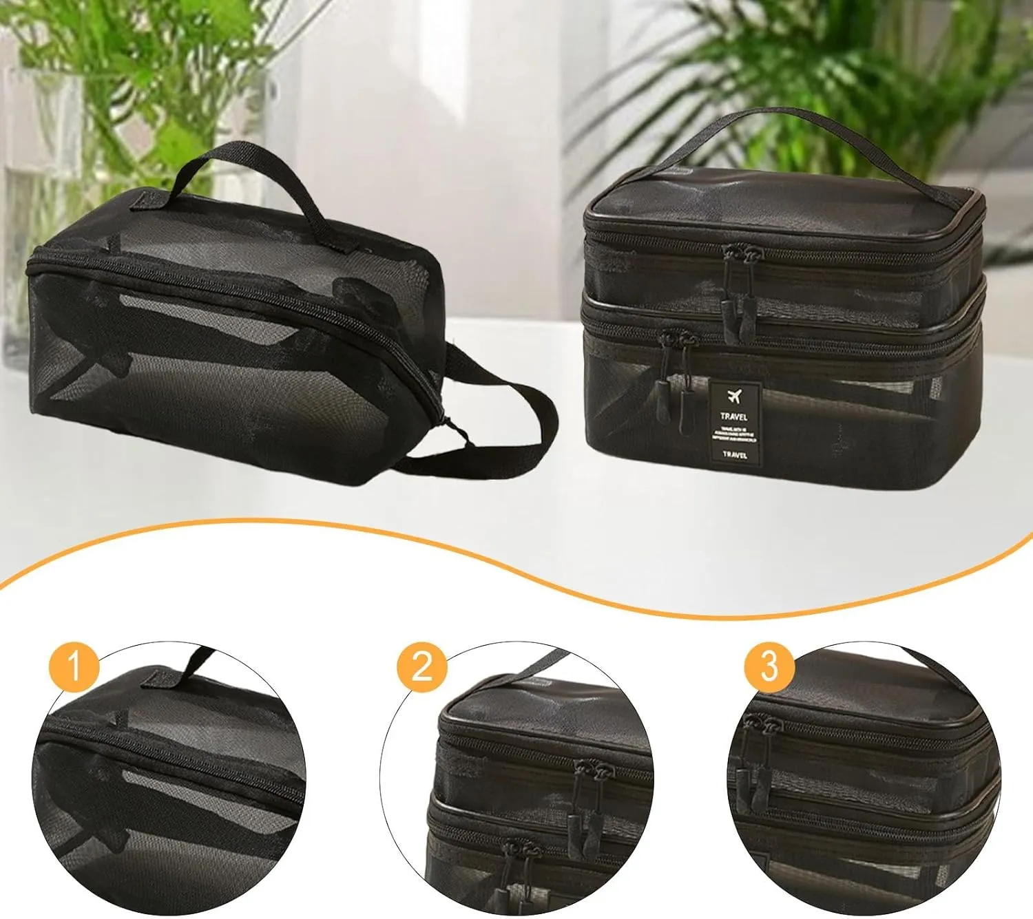 2Pcs Mesh Makeup Bag Brush Organizer Portable Double Layer Cosmetic Bag Make up Organizer for Outdoor Gym Activities, black