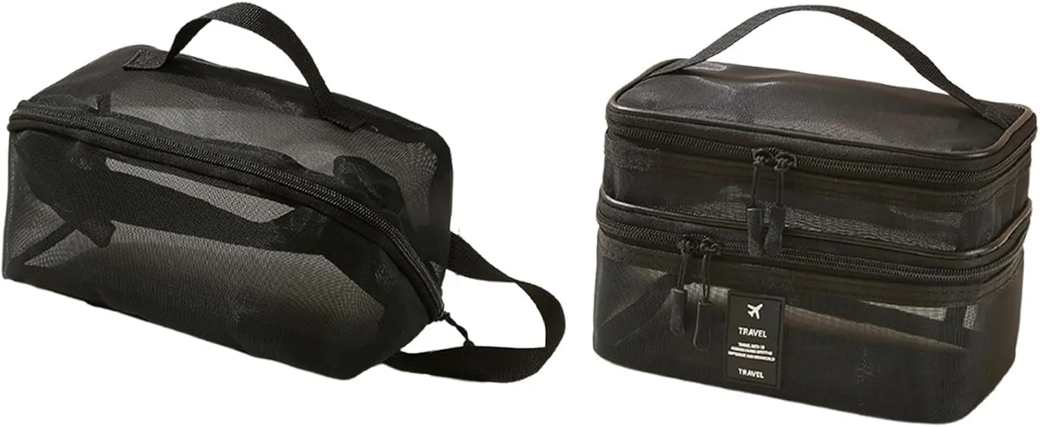 2Pcs Mesh Makeup Bag Brush Organizer Portable Double Layer Cosmetic Bag Make up Organizer for Outdoor Gym Activities, black