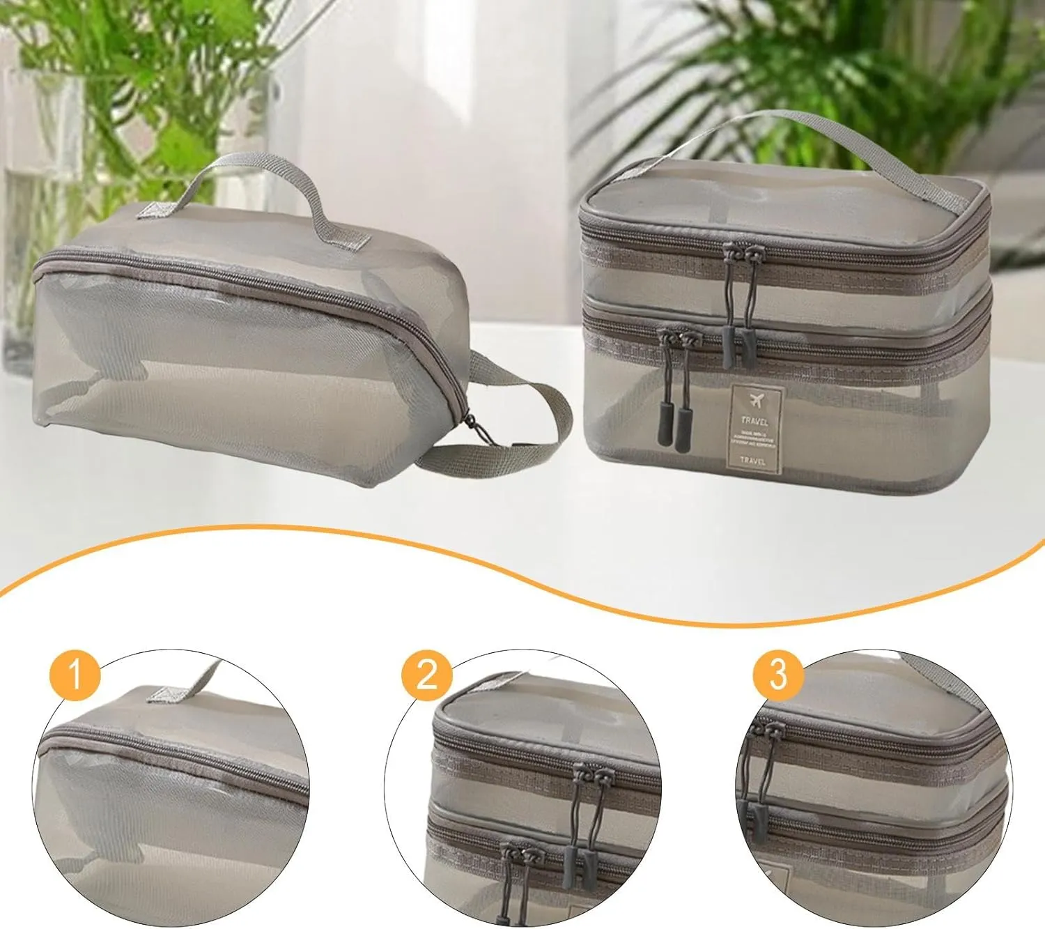 2Pcs Mesh Makeup Bag Brush Organizer Portable Double Layer Cosmetic Bag Make up Organizer for Outdoor Gym Activities, gray