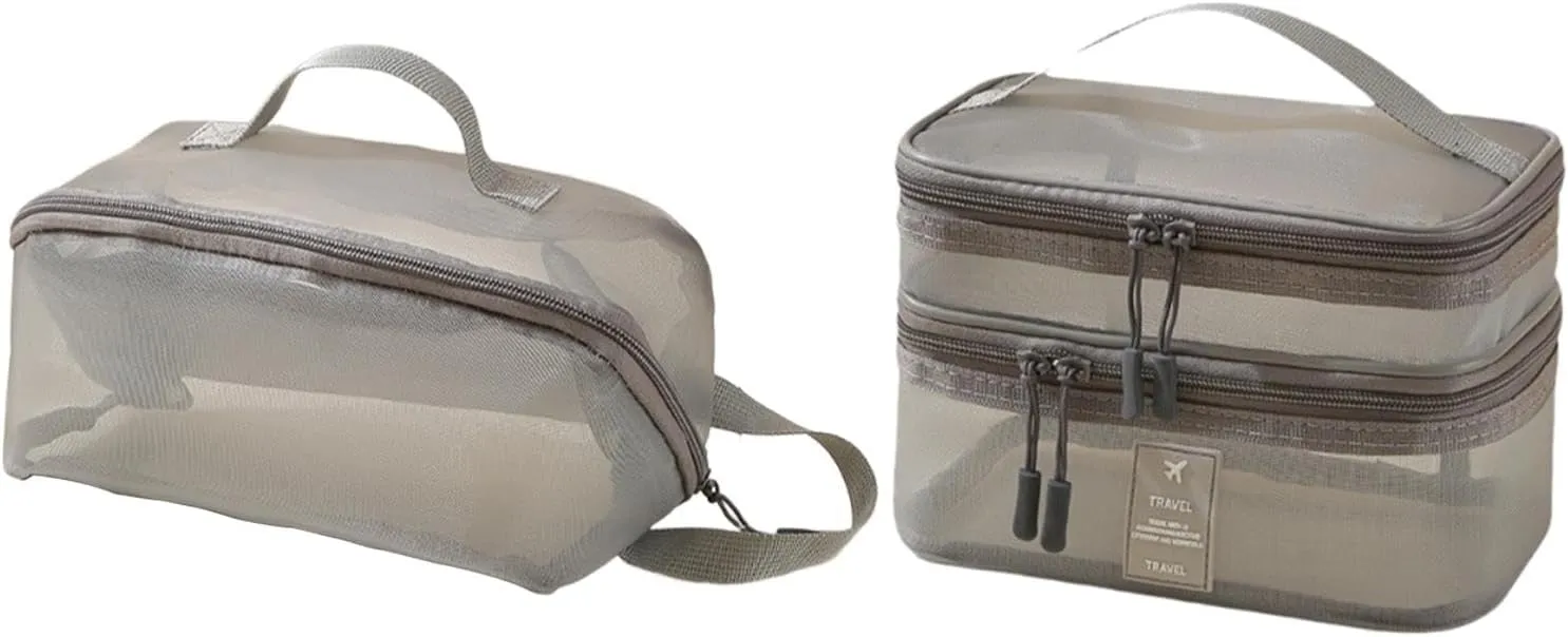 2Pcs Mesh Makeup Bag Brush Organizer Portable Double Layer Cosmetic Bag Make up Organizer for Outdoor Gym Activities, gray