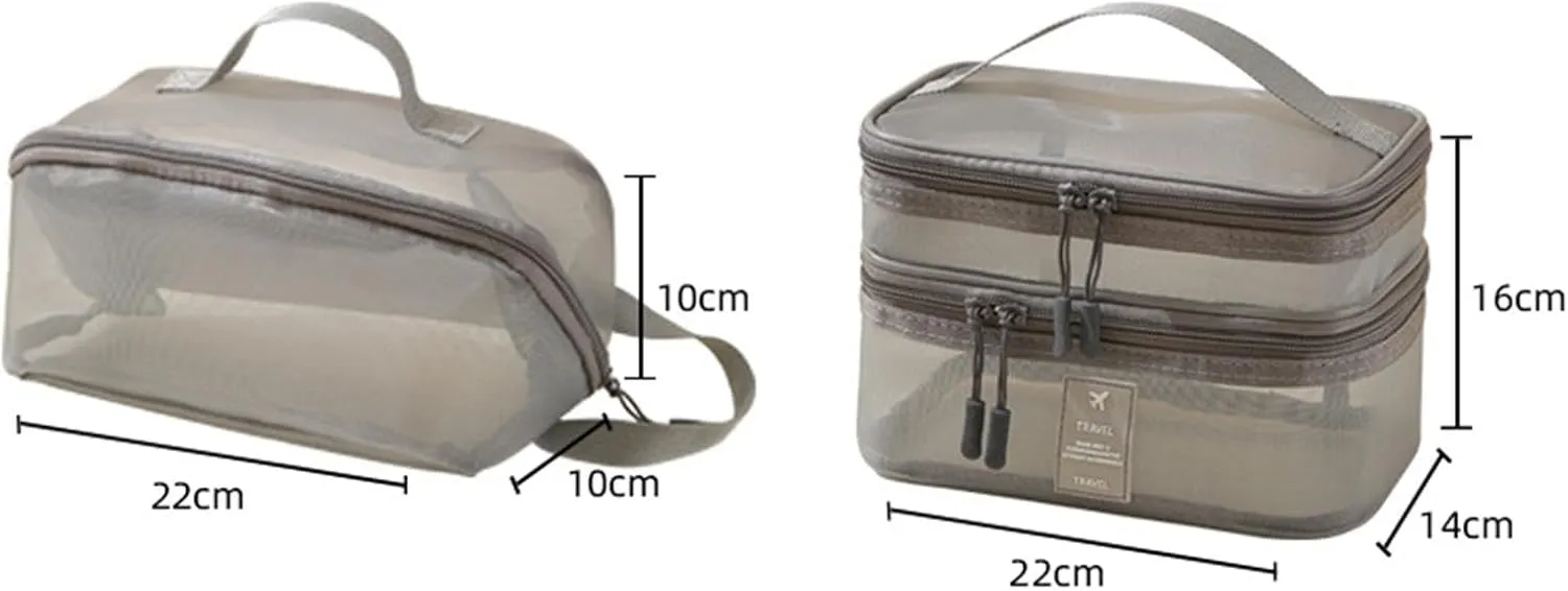 2Pcs Mesh Makeup Bag Brush Organizer Portable Double Layer Cosmetic Bag Make up Organizer for Outdoor Gym Activities, gray