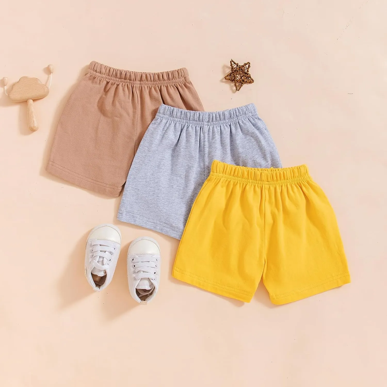 3 Pack Baby Boy Shorts Solid Cotton Short with Drawstring Casual Summer Bottoms Pants