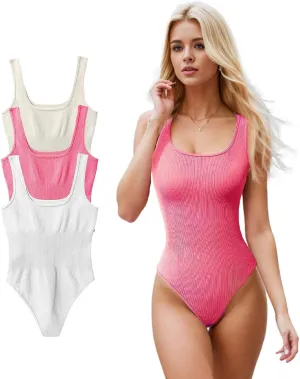 3 Piece Ribbed Bodysuit tops for Women Square Neck Sleeveless Seamless Tummy Control bodysuits