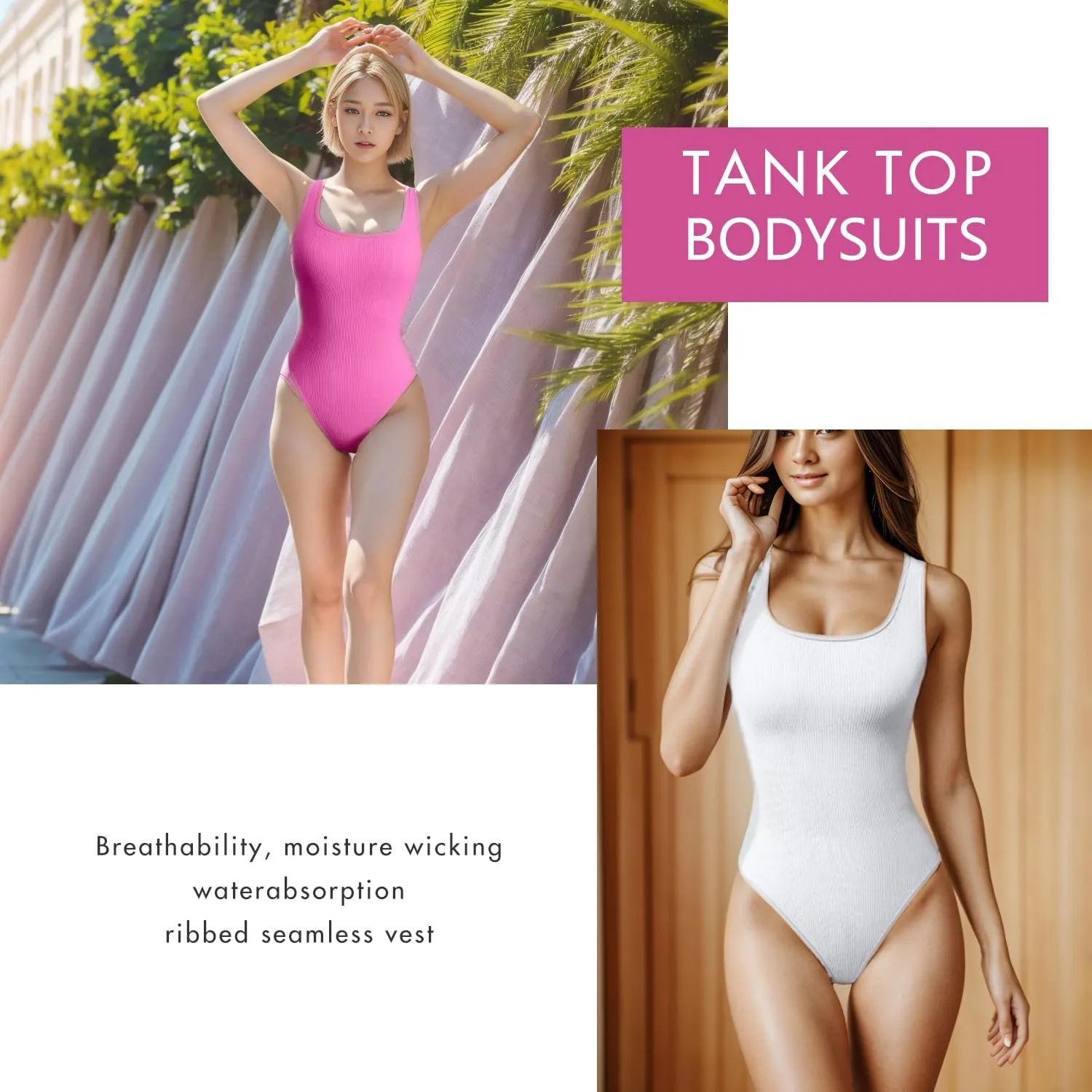 3 Piece Ribbed Bodysuit tops for Women Square Neck Sleeveless Seamless Tummy Control bodysuits