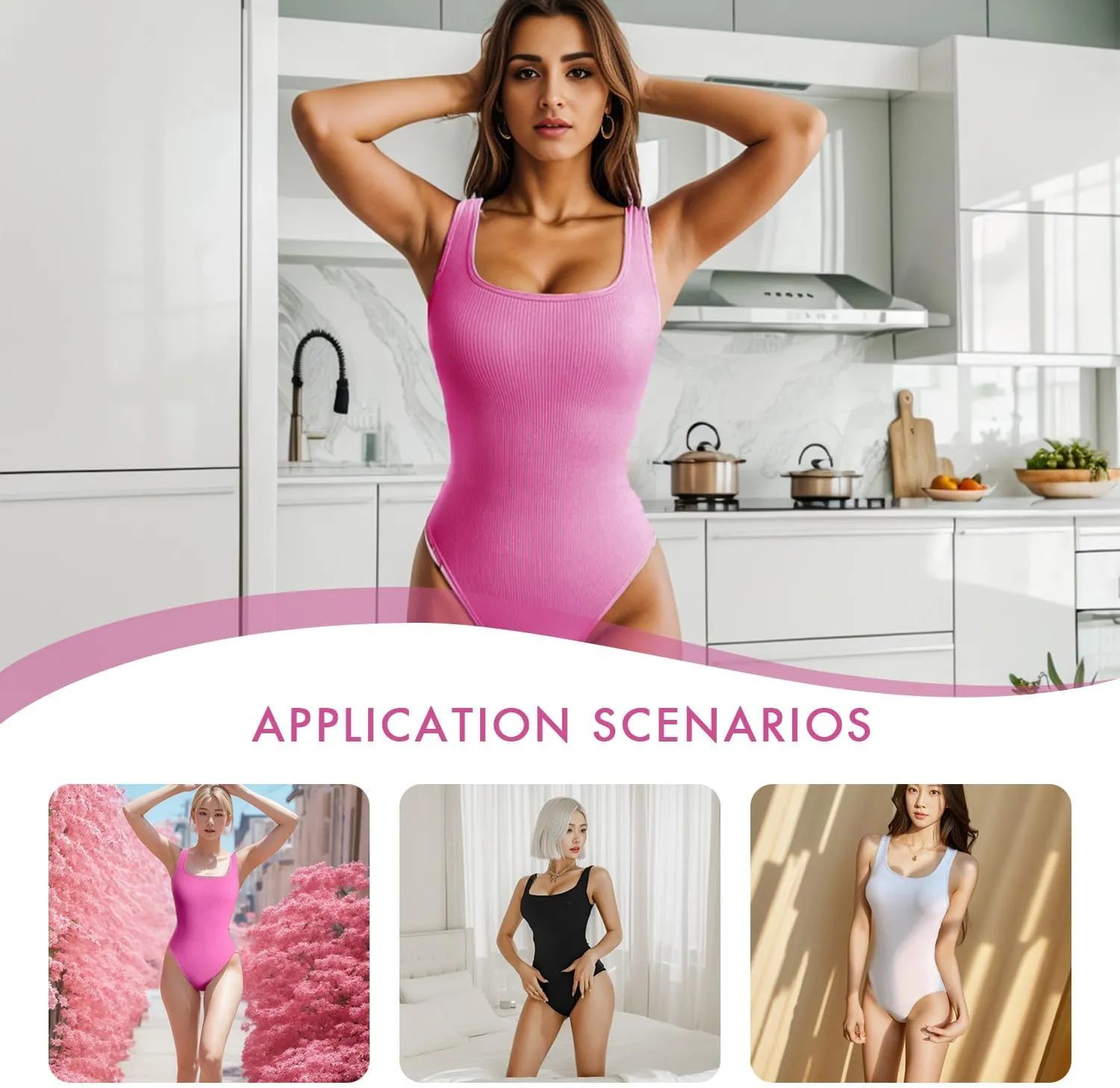 3 Piece Ribbed Bodysuit tops for Women Square Neck Sleeveless Seamless Tummy Control bodysuits