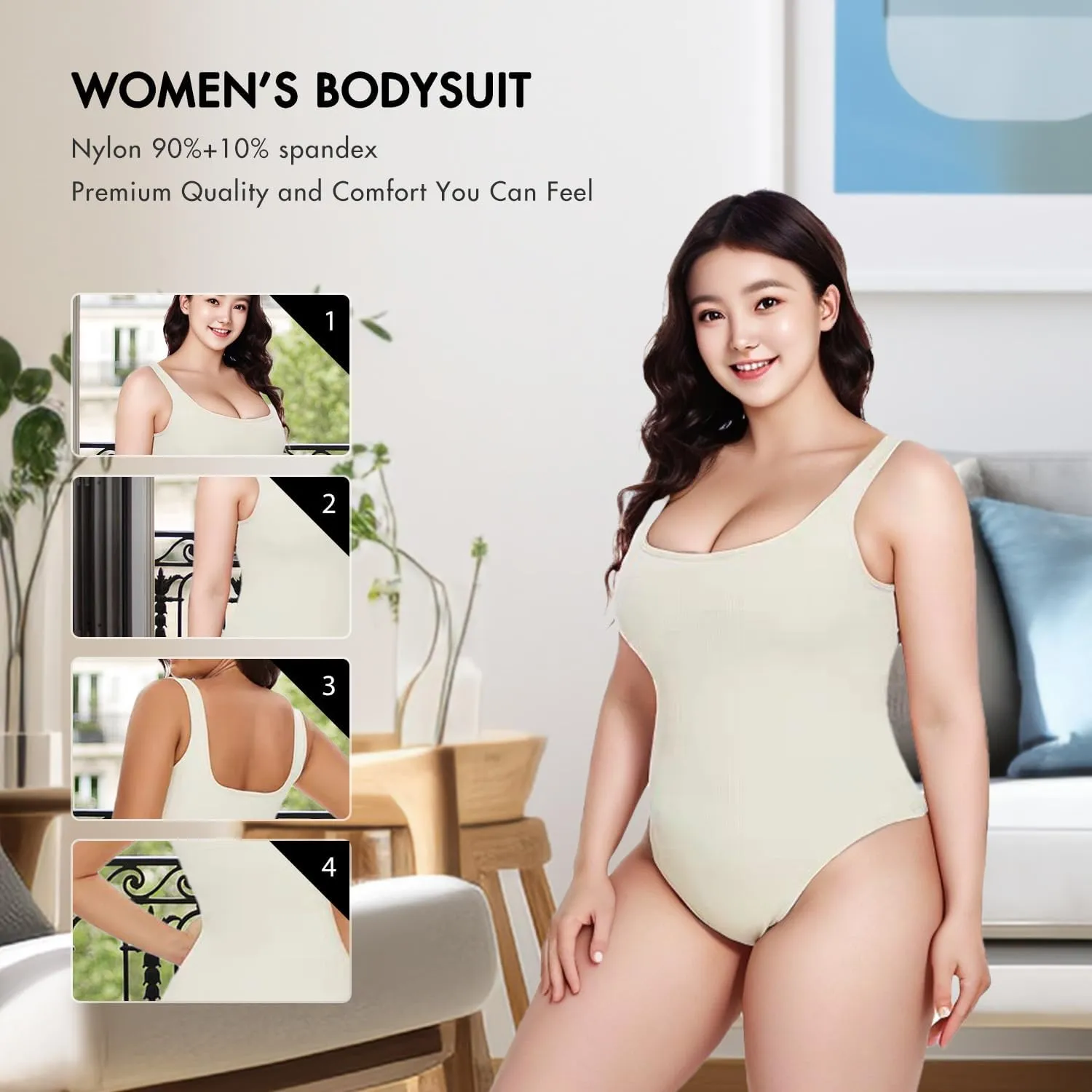 3 Piece Ribbed Bodysuit tops for Women Square Neck Sleeveless Seamless Tummy Control bodysuits