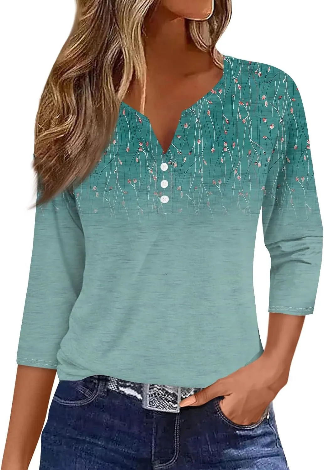 3/4 Length Sleeve Womens Tops Dressy Casual T-Shirt V Neck Button Down Shirts Floral Blouses