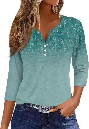 3/4 Length Sleeve Womens Tops Dressy Casual T-Shirt V Neck Button Down Shirts Floral Blouses
