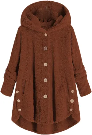 Andongnywell Women's Long Sleeve Hooded Faux Shearling Shaggy Oversized Coat Jacket With Pockets Warm Winter (Brown,4X-Large)