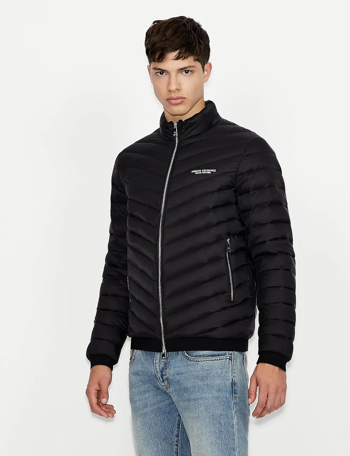 Armani Exchange Men's Quilted Down Milano/New York Logo Zip-up Jacket