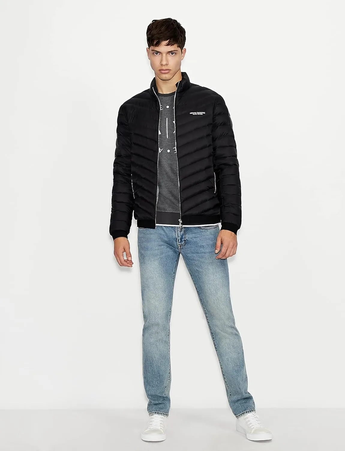 Armani Exchange Men's Quilted Down Milano/New York Logo Zip-up Jacket