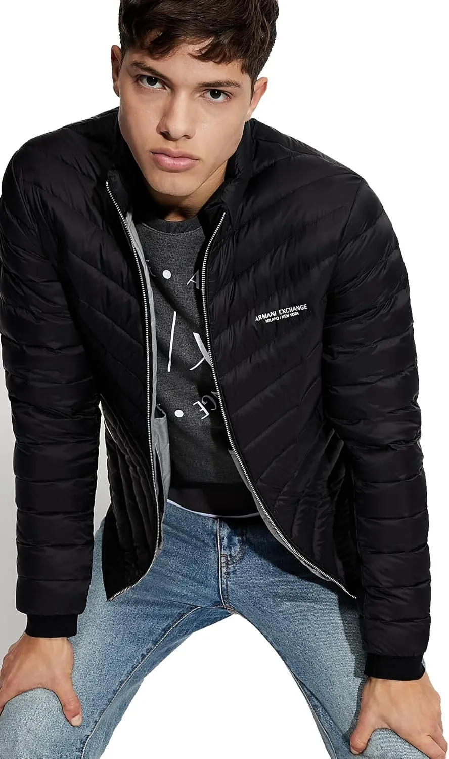 Armani Exchange Men's Quilted Down Milano/New York Logo Zip-up Jacket