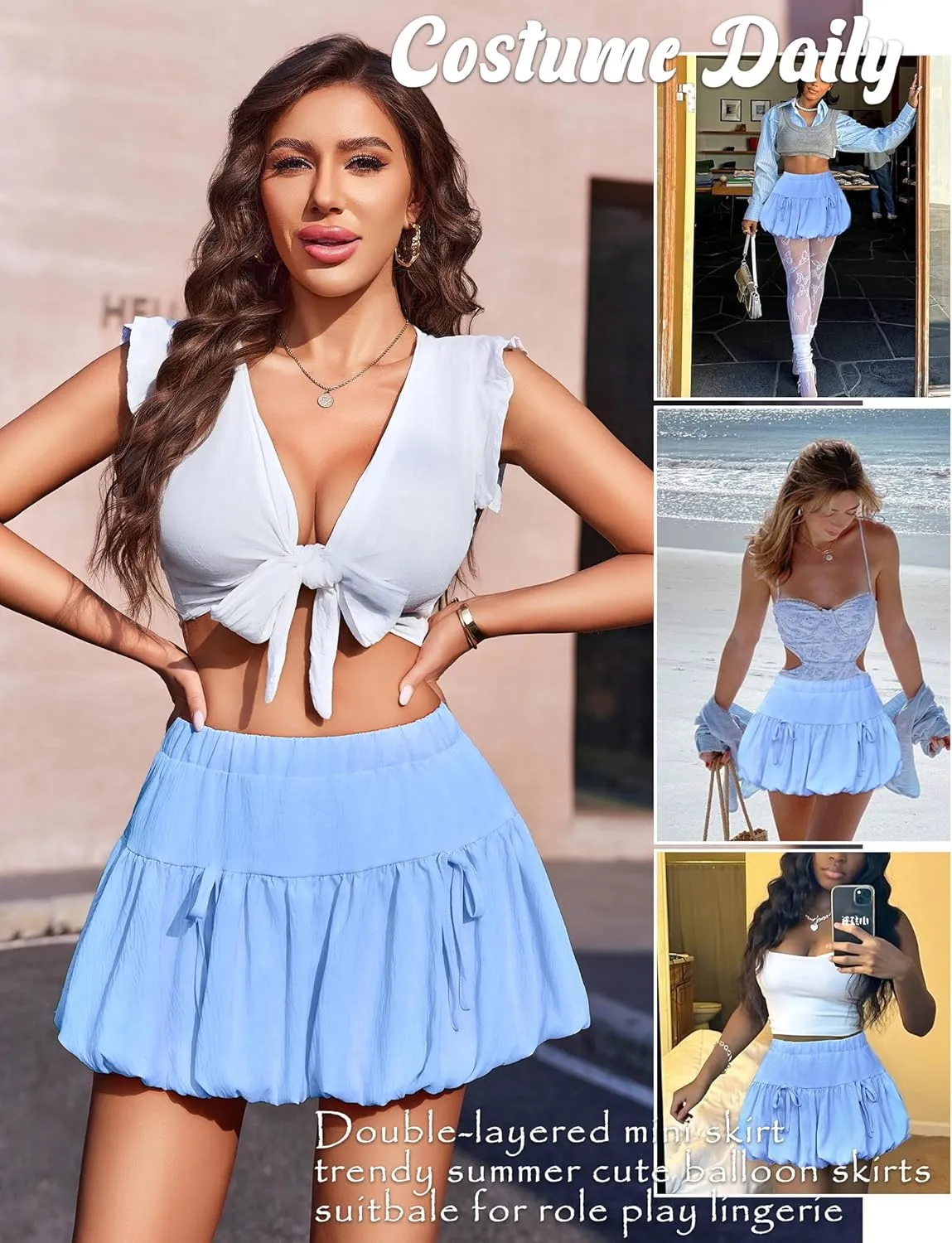 Avidlove Mini Skirt for Women Sexy Bubble Puffy Hem Y2K Elastic Waist A Line Basic Casual Skirts S-XXL