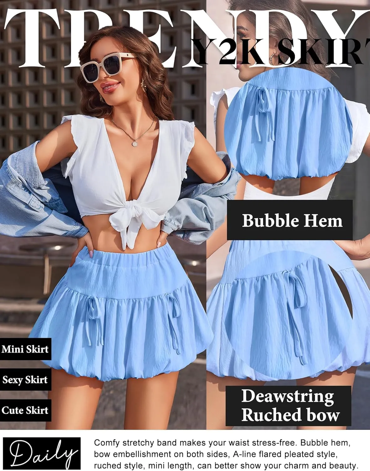 Avidlove Mini Skirt for Women Sexy Bubble Puffy Hem Y2K Elastic Waist A Line Basic Casual Skirts S-XXL