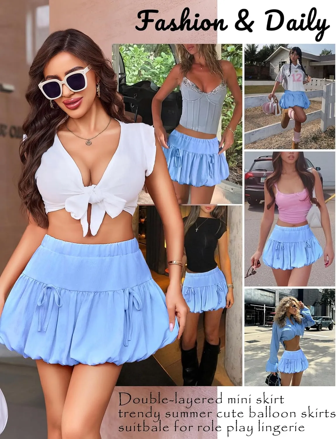 Avidlove Mini Skirt for Women Sexy Bubble Puffy Hem Y2K Elastic Waist A Line Basic Casual Skirts S-XXL