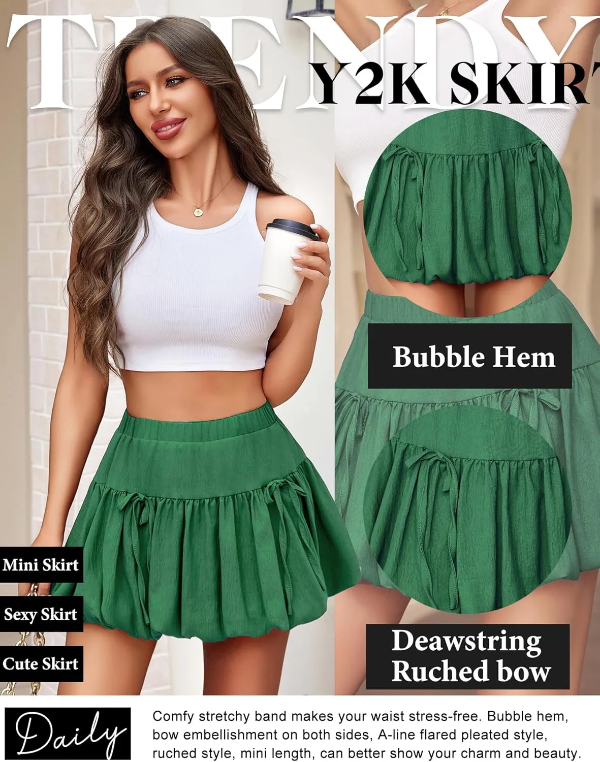 Avidlove Mini Skirt for Women Sexy Bubble Puffy Hem Y2K Elastic Waist A Line Basic Casual Skirts S-XXL