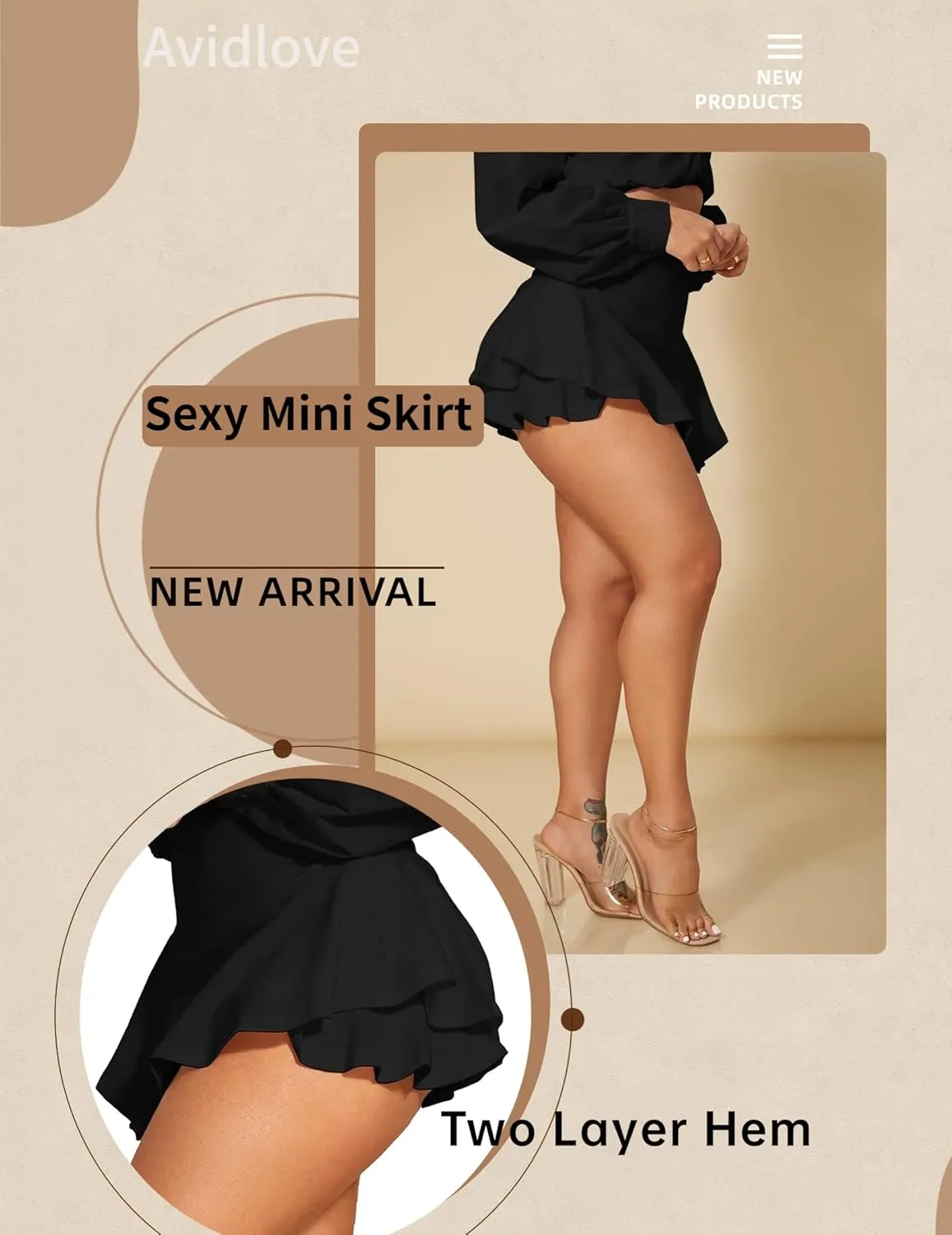 Avidlove Mini Skirt for Women Sexy Solid Ruffle Trim Lingerie Skirt Short High Waist Two Layer Hem Skirt
