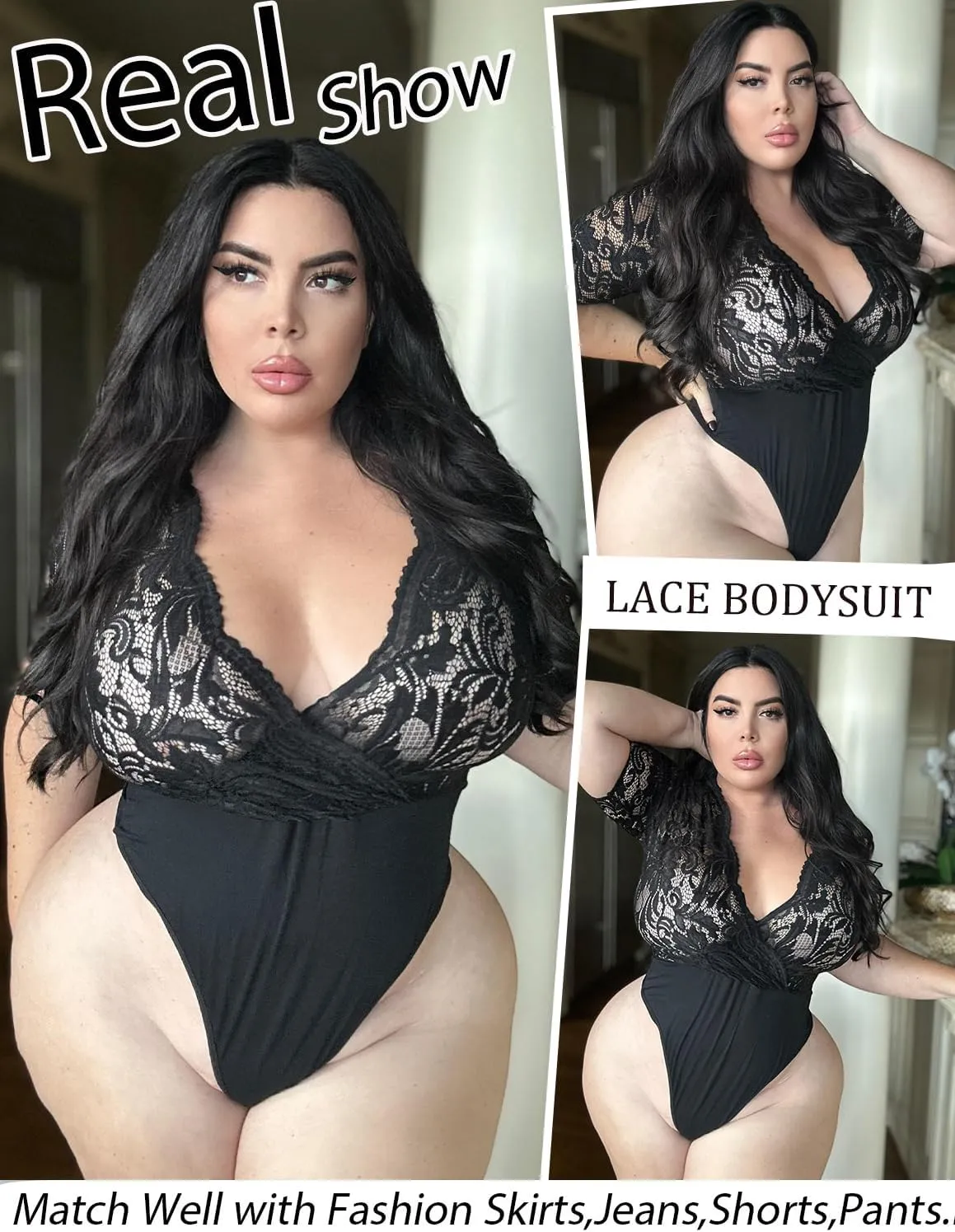 Avidlove Women Lace Bodysuit Lingerie Tops Sexy Deep V Bodysuit Tops One Piece Body Suit Short Sleeve S-XXXL
