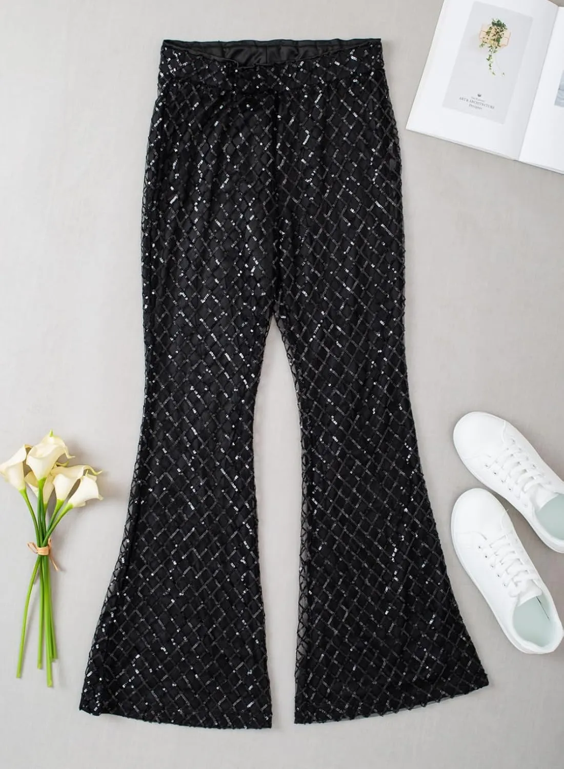 BLENCOT Women's Glitter Sequin Wide Leg Palazzo Pants High Waist Bell Bottoms Party Flared Trousers