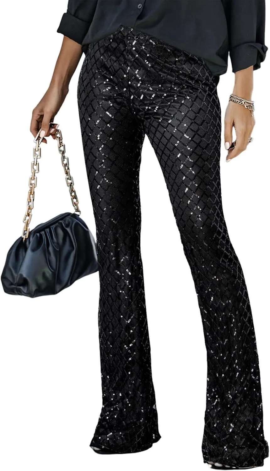 BLENCOT Women's Glitter Sequin Wide Leg Palazzo Pants High Waist Bell Bottoms Party Flared Trousers