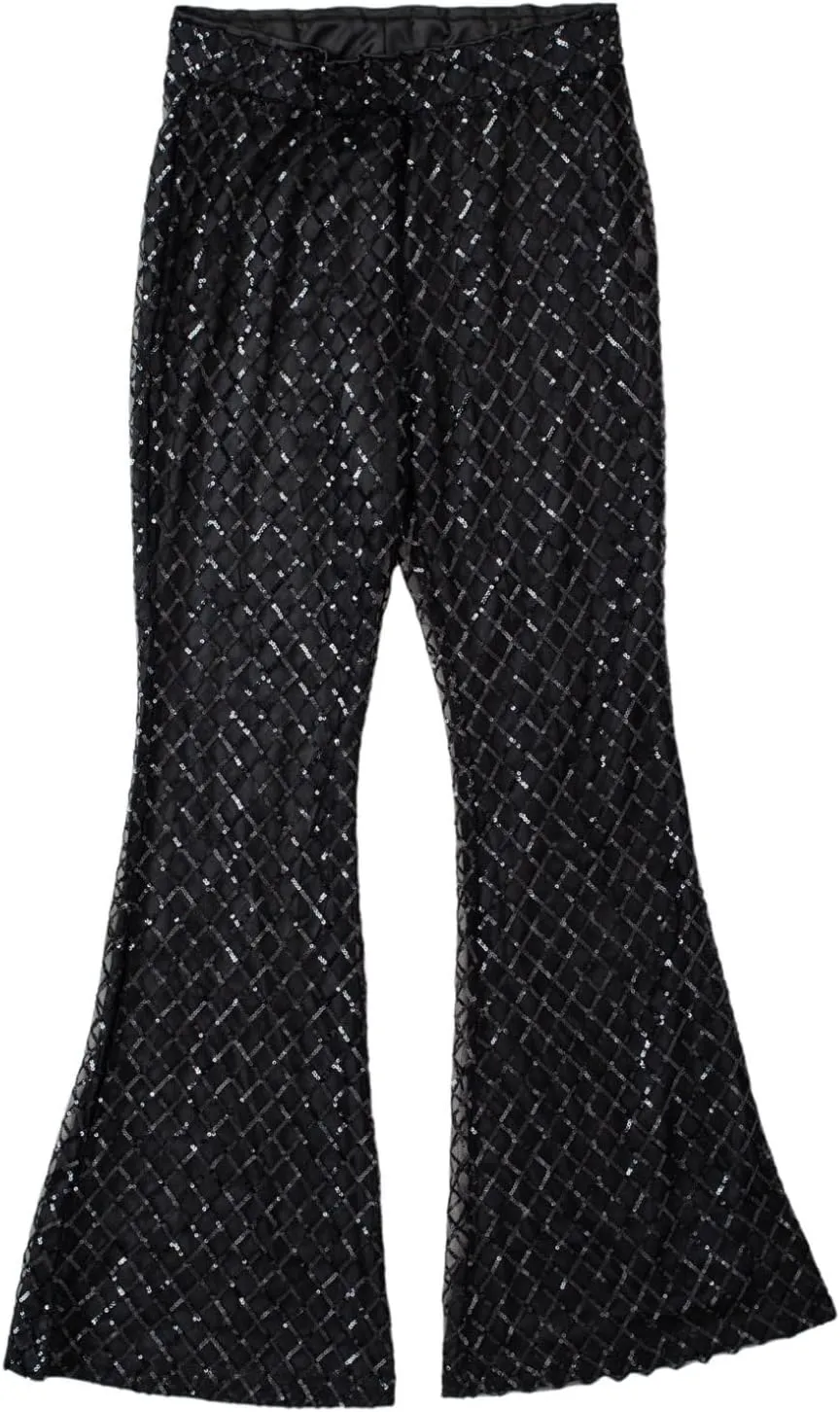 BLENCOT Women's Glitter Sequin Wide Leg Palazzo Pants High Waist Bell Bottoms Party Flared Trousers
