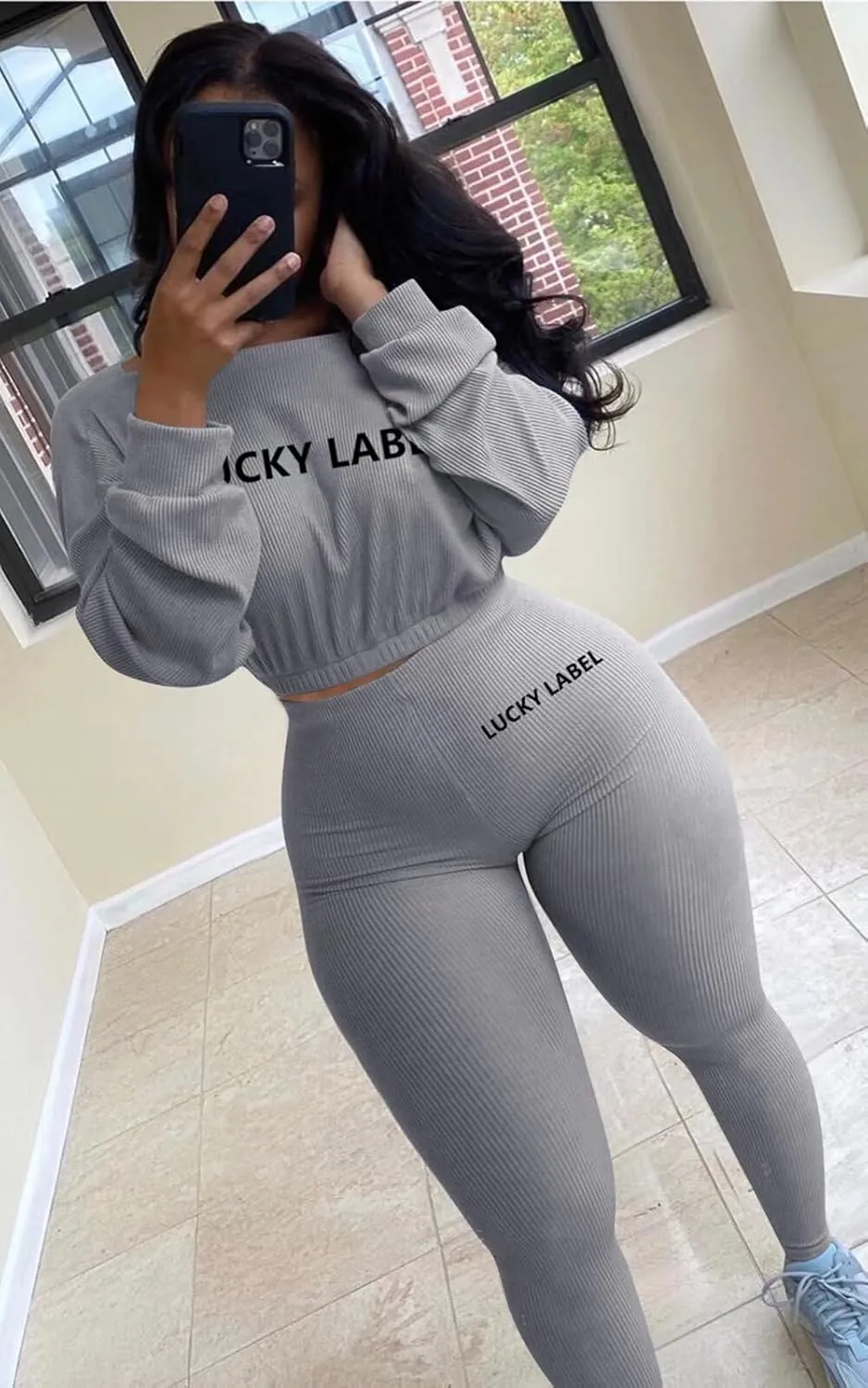 Bodycon Sweatsuits Tracksuit Outfit - Ribbed Long Sleeve Pullover Crop Top High Waisted Leggings Set Jumpsuit