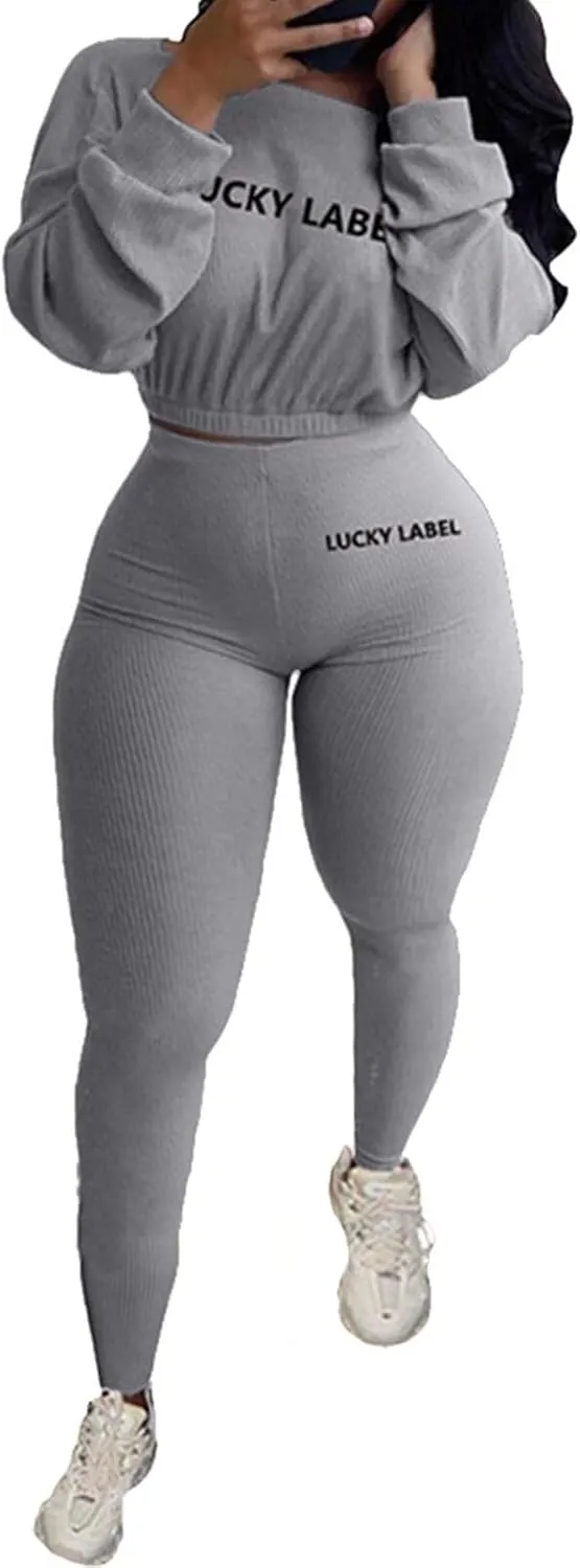 Bodycon Sweatsuits Tracksuit Outfit - Ribbed Long Sleeve Pullover Crop Top High Waisted Leggings Set Jumpsuit