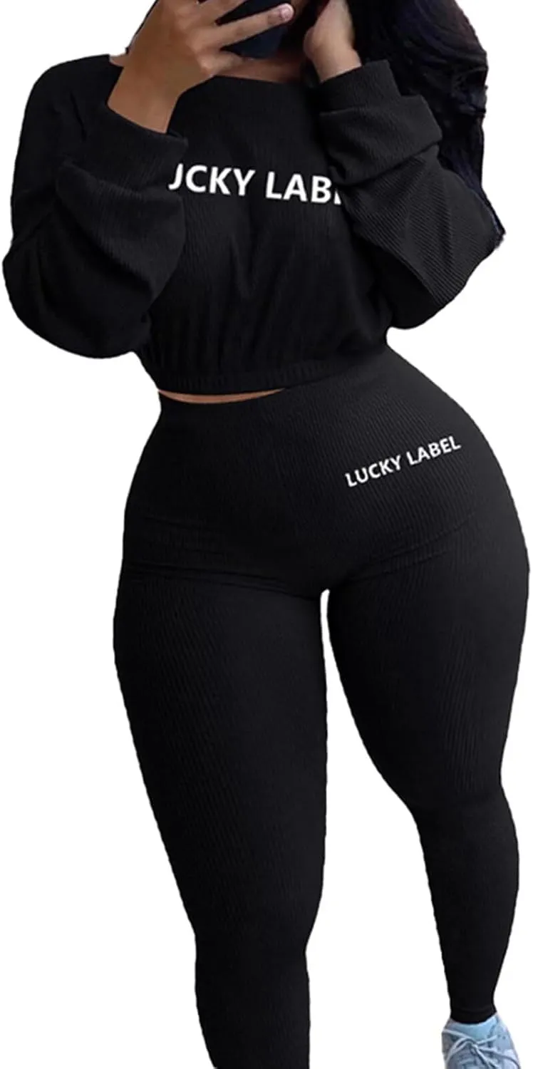 Bodycon Sweatsuits Tracksuit Outfit - Ribbed Long Sleeve Pullover Crop Top High Waisted Leggings Set Jumpsuit