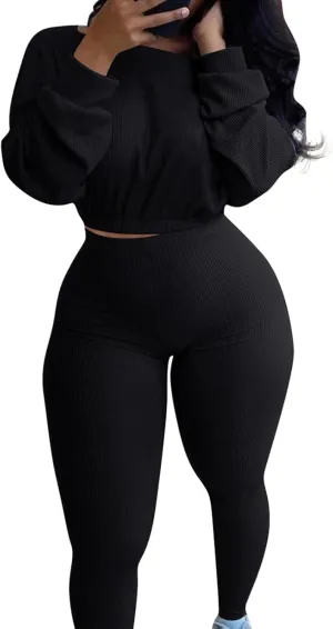Bodycon Sweatsuits Tracksuit Outfit - Ribbed Long Sleeve Pullover Crop Top High Waisted Leggings Set Jumpsuit