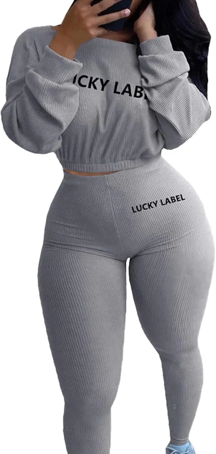 Bodycon Sweatsuits Tracksuit Outfit - Ribbed Long Sleeve Pullover Crop Top High Waisted Leggings Set Jumpsuit