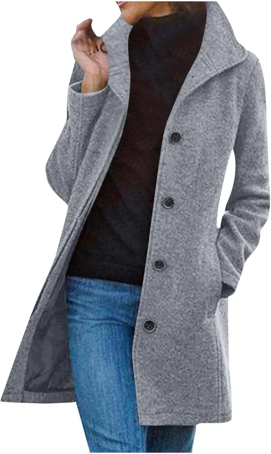 Borniu Women's Casual Thicken Wool Blend Stand Collar Single Breasted Pea Coat Winter Dress Coat with Pockets