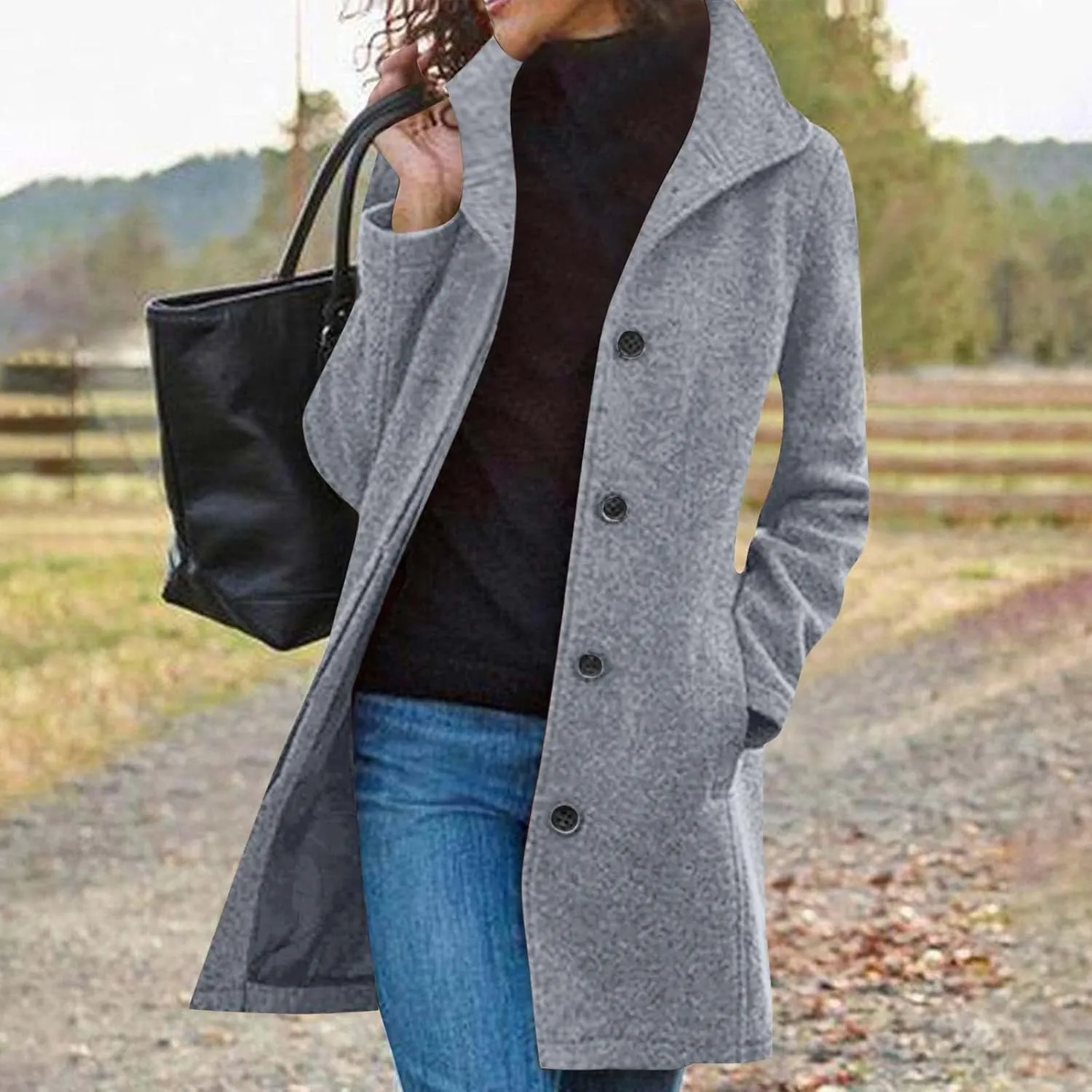 Borniu Women's Casual Thicken Wool Blend Stand Collar Single Breasted Pea Coat Winter Dress Coat with Pockets