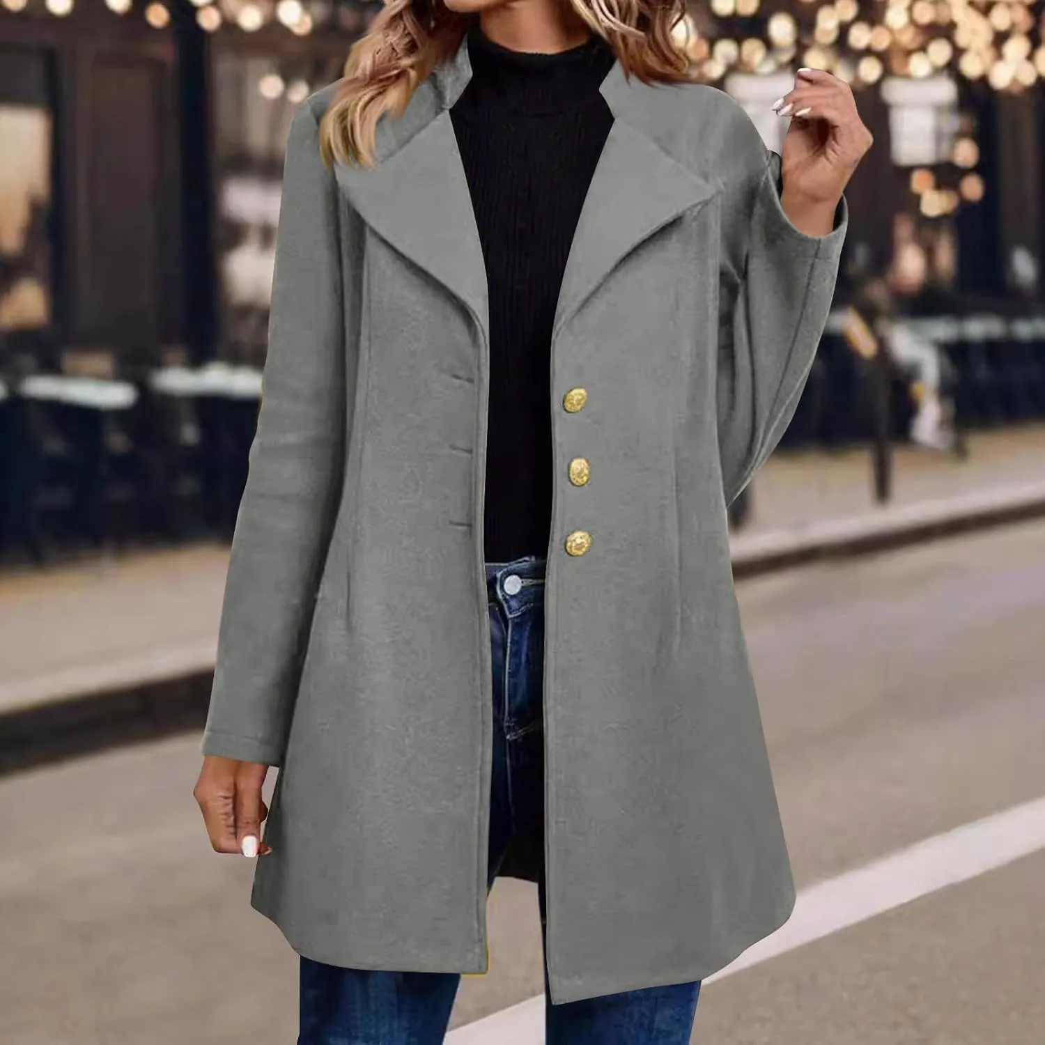 Borniu Womens Fall Winter Wool Blend Coats Single Breasted Midi Peacoat Trench Coats Notch Lapel Open Front Blazer Jacket