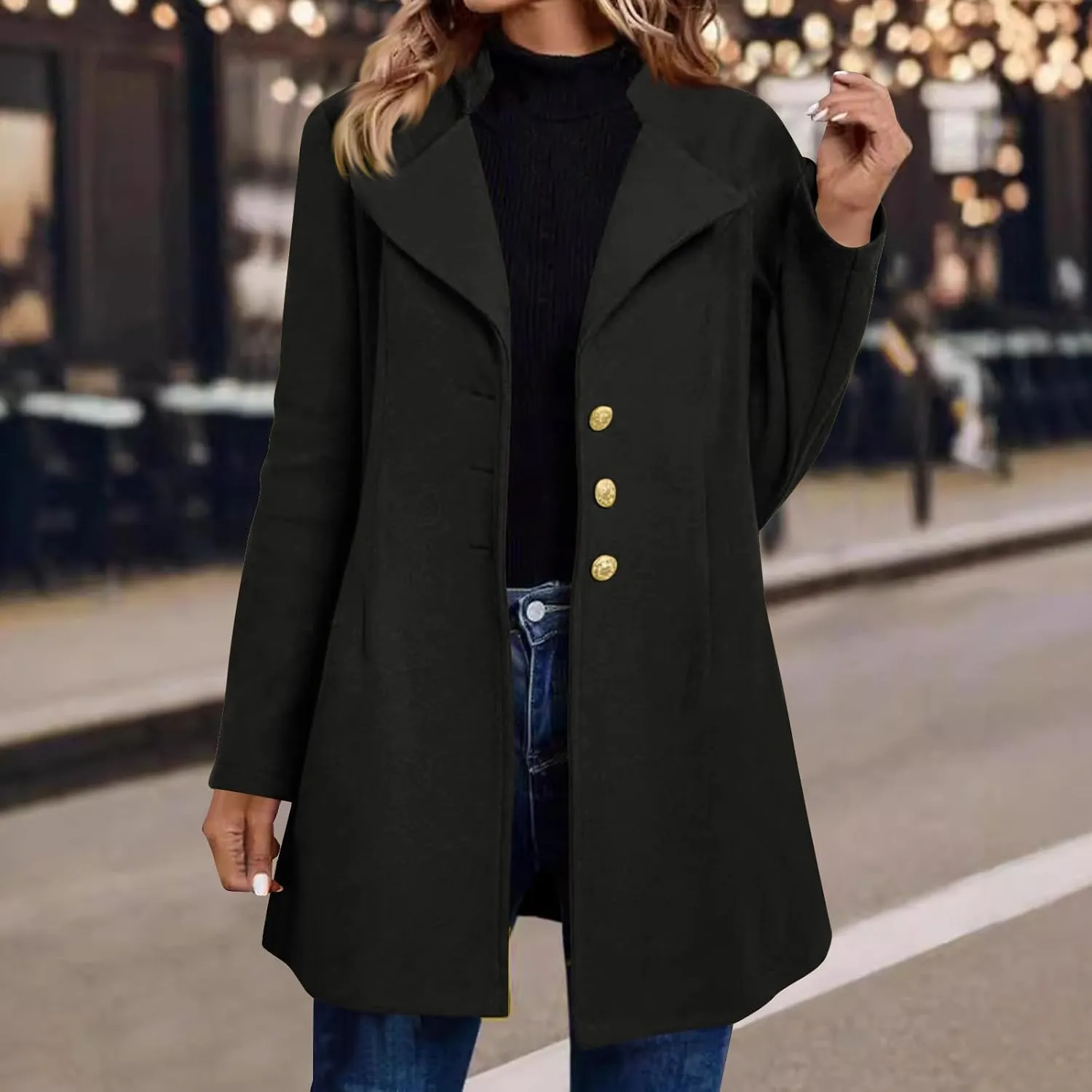 Borniu Womens Fall Winter Wool Blend Coats Single Breasted Midi Peacoat Trench Coats Notch Lapel Open Front Blazer Jacket