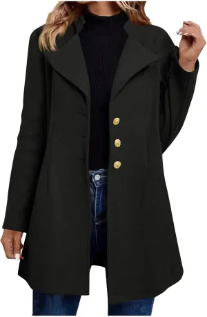 Borniu Womens Fall Winter Wool Blend Coats Single Breasted Midi Peacoat Trench Coats Notch Lapel Open Front Blazer Jacket