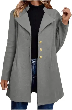 Borniu Womens Fall Winter Wool Blend Coats Single Breasted Midi Peacoat Trench Coats Notch Lapel Open Front Blazer Jacket