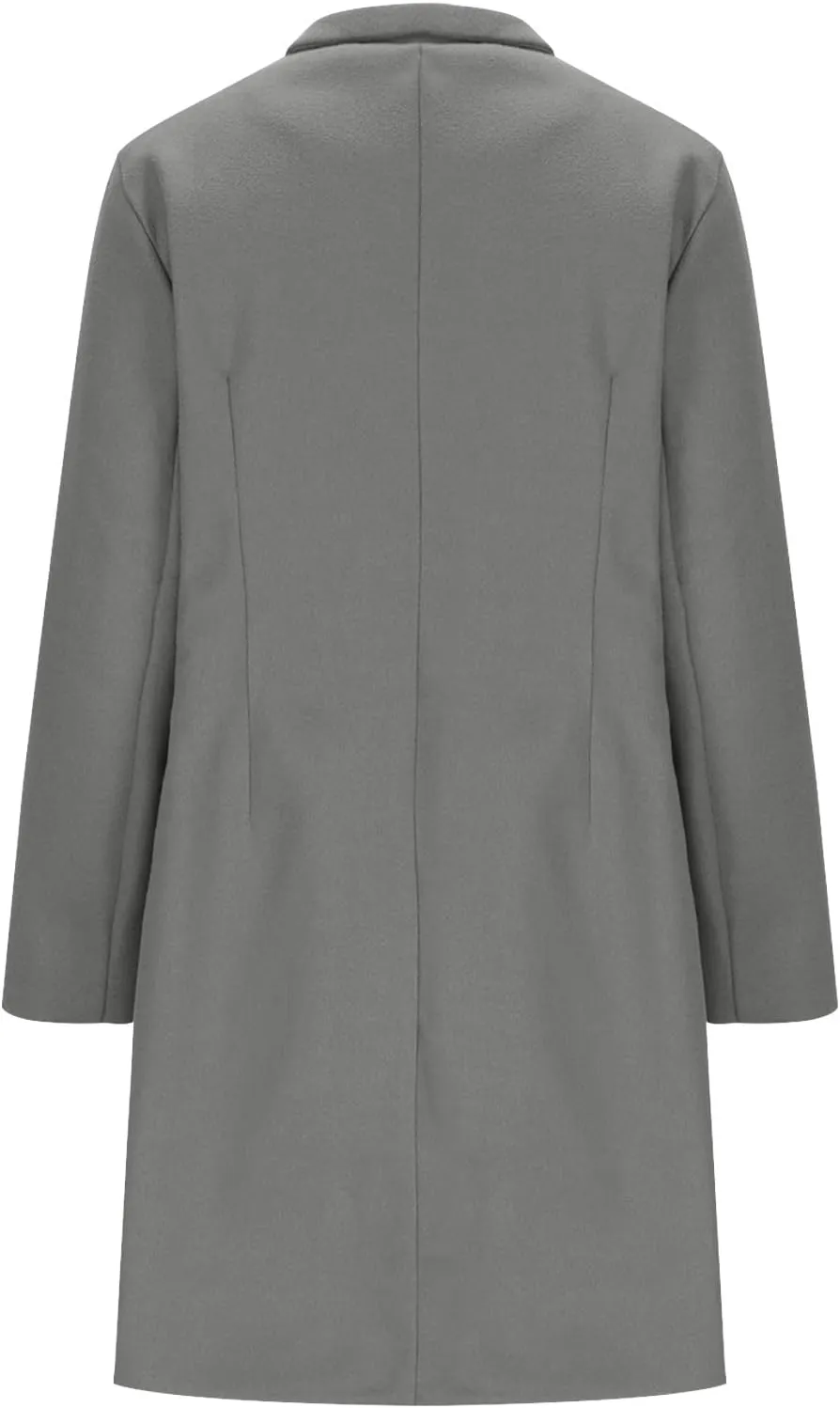 Borniu Womens Fall Winter Wool Blend Coats Single Breasted Midi Peacoat Trench Coats Notch Lapel Open Front Blazer Jacket