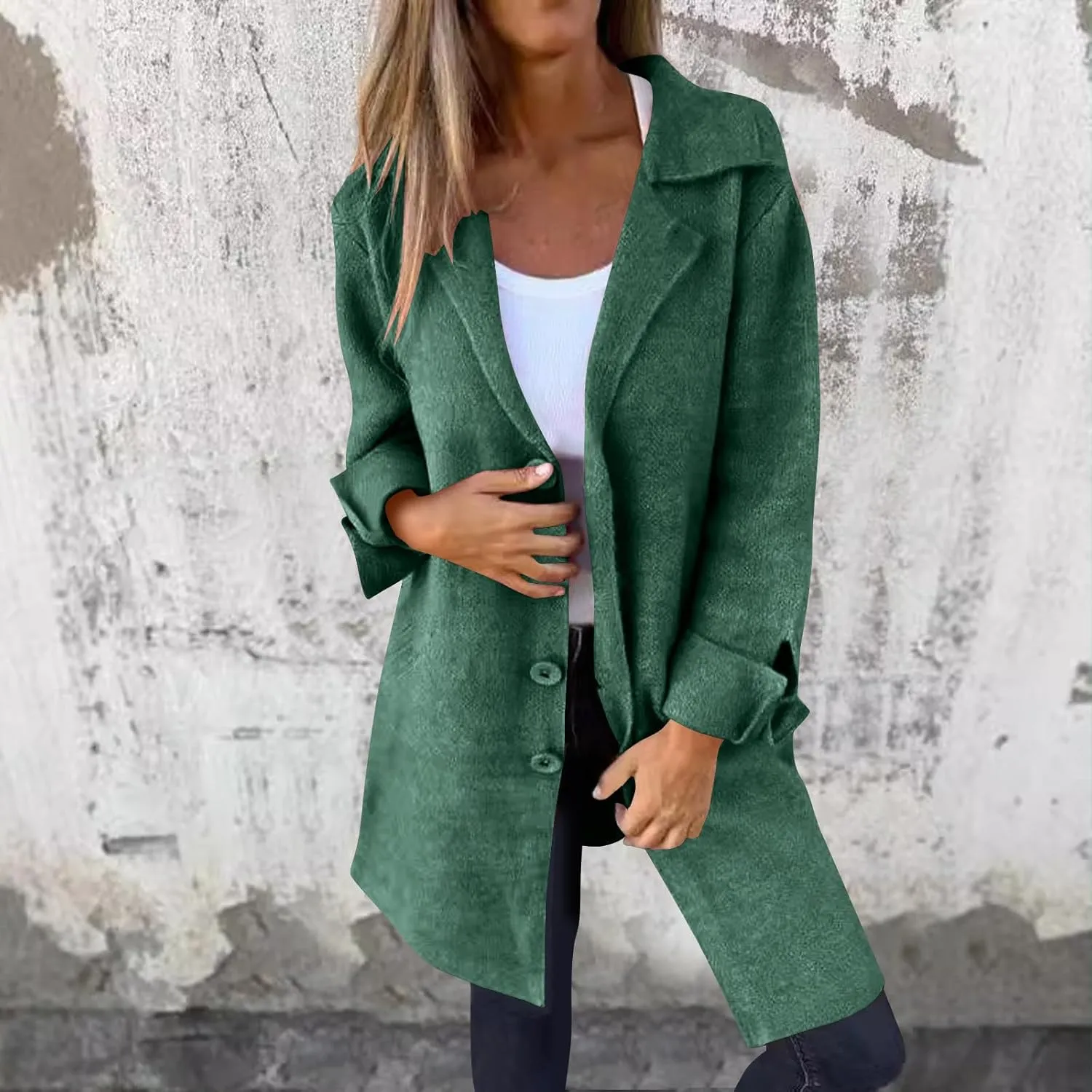 Borniu Womens Long Wool Blend Pea Coat Single Breasted Trench Coat Notch Lapel Open Front Cardigan Jacket Fall Winter Clothes